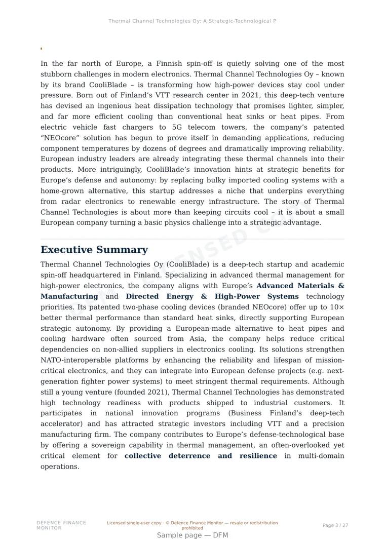 Sample page from “Thermal Channel Technologies Oy: A Strategic-Technological Profile” — 28-page report