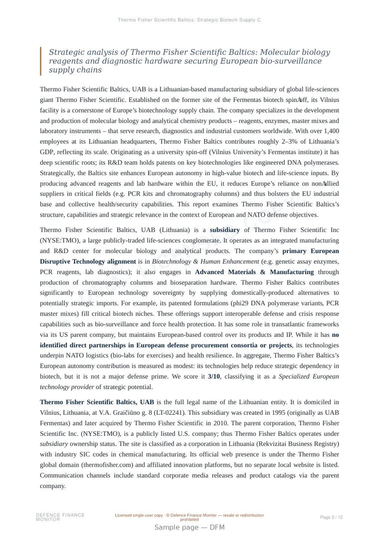 Sample page from “Thermo Fisher Scientific Baltics: Strategic Biotech Supply Chains and Bio-Surveillance” — 13-page report