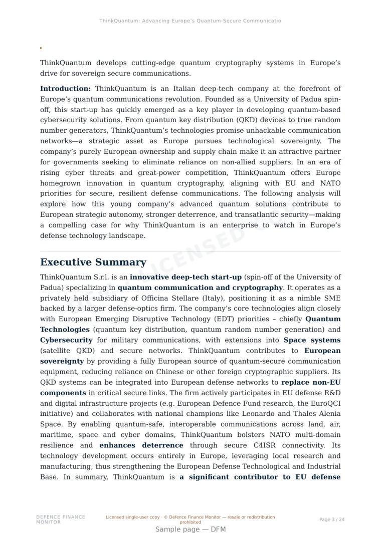 Sample page from “ThinkQuantum: Advancing Europe’s Quantum-Secure Communications” — 25-page report