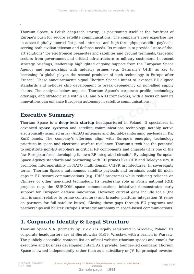 Sample page from “Thorium Space — Poland satellite communications company” — 15-page report