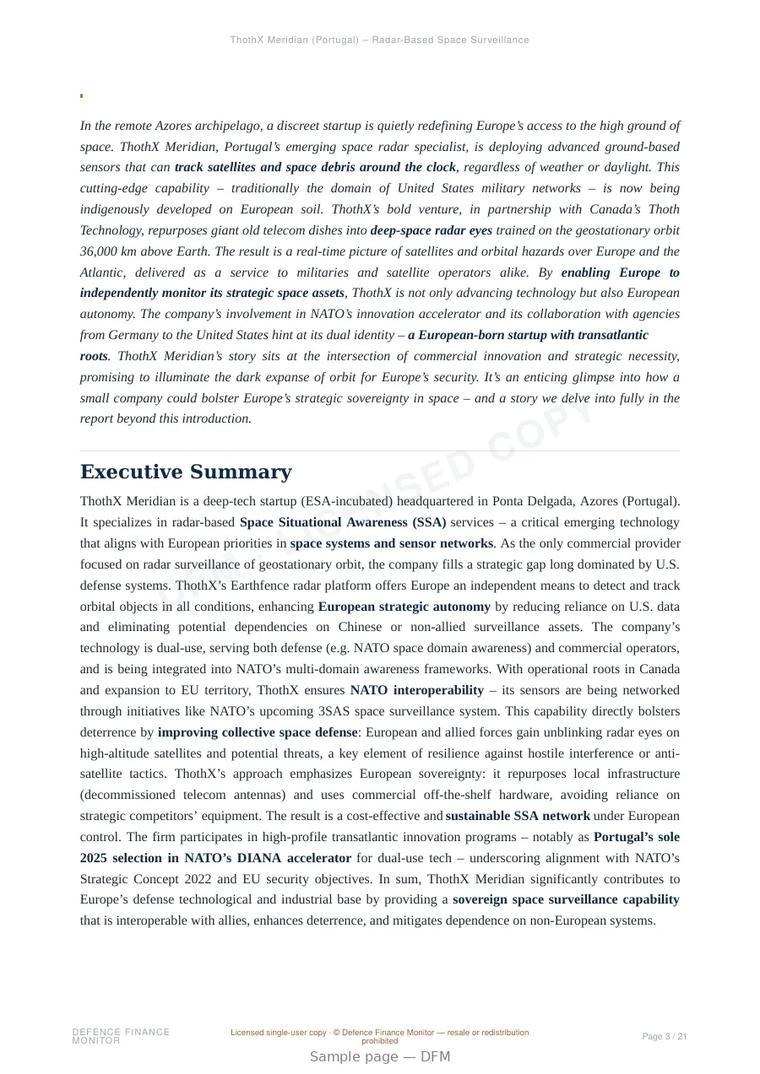 Sample page from “ThothX Meridian (Portugal) – Radar-Based Space Surveillance” — 22-page report