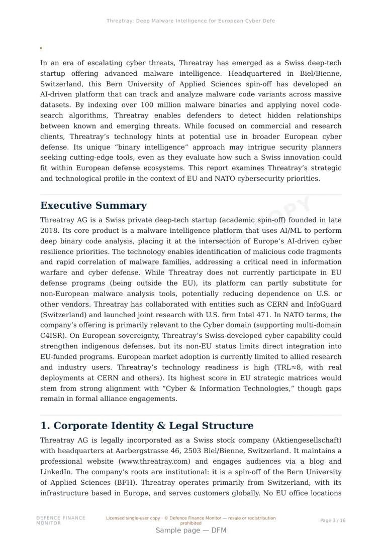 Sample page from “Threatray: Deep Malware Intelligence for European Cyber Defense” — 17-page report