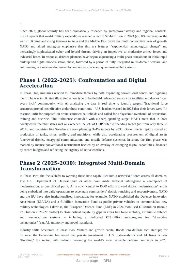 Sample page from “Three-Phase Evolution of the Global Defense Sector - 2022–2035” — 7-page report