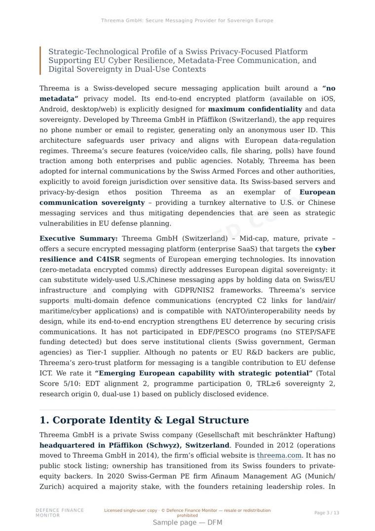 Sample page from “Threema GmbH: Secure Messaging Provider for Sovereign European Communications” — 14-page report