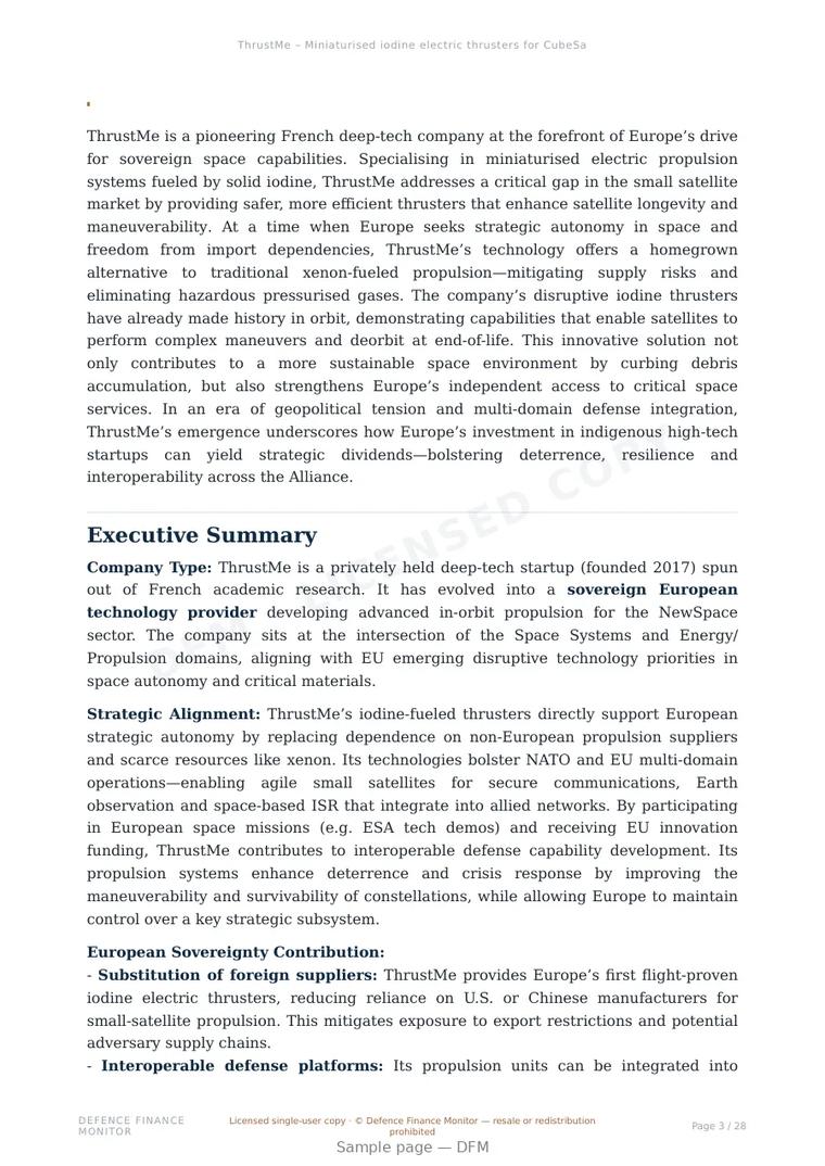 Sample page from “ThrustMe – Miniaturised iodine electric thrusters for CubeSats” — 29-page report
