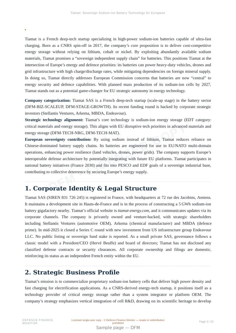 Sample page from “Tiamat: Sovereign Sodium-Ion Battery Technology for European Strategic Autonomy” — 11-page report
