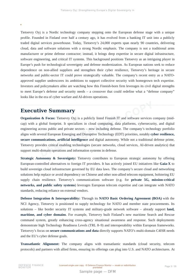 Sample page from “Tietoevry Oyj: Strengthening Europe’s Digital Sovereignty in Defense and Security” — 36-page report
