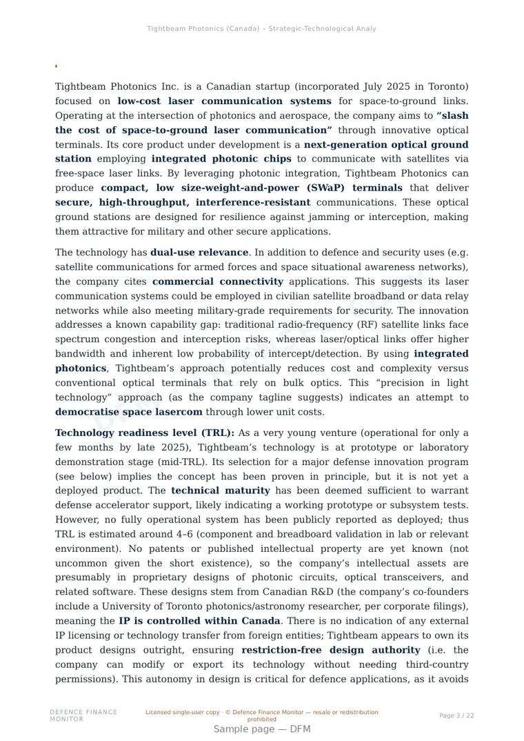 Sample page from “Tightbeam Photonics Inc. — Canada satellite communications company” — 23-page report
