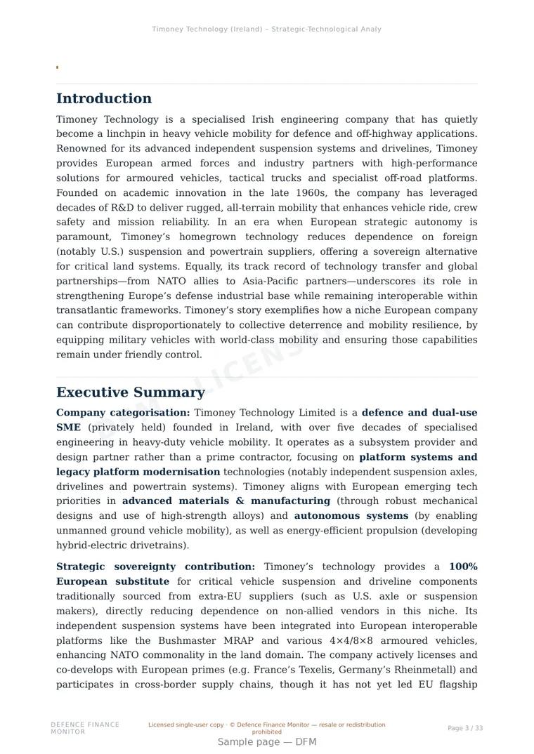 Sample page from “Timoney Technology — Ireland defence company” — 34-page report