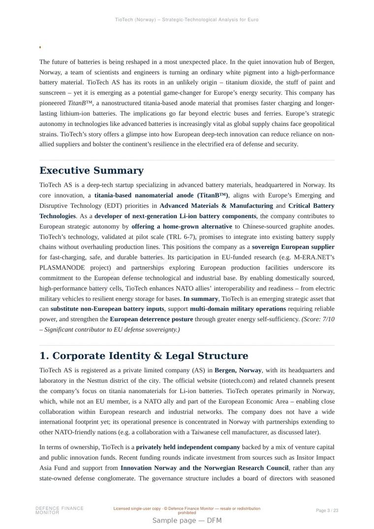 Sample page from “TioTech AS — Norway advanced batteries company” — 24-page report