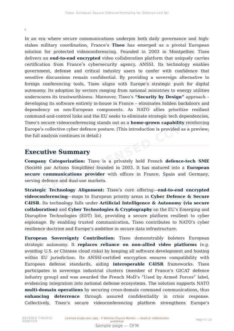 Sample page from “Tixeo: European Secure Videoconferencing for Defence and Strategic Communications” — 23-page report