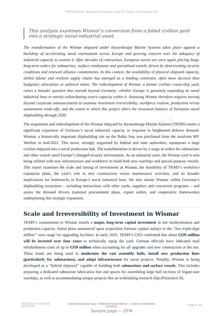 Sample page from “TKMS Wismar Shipyard Expansion and the Future of European Naval Industrial Capacity” — 23-page report