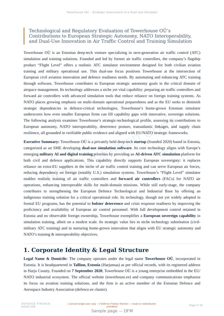 Sample page from “Towerhouse OÜ – Strategic Assessment of a Dual-Use Simulation Technology Company” — 35-page report