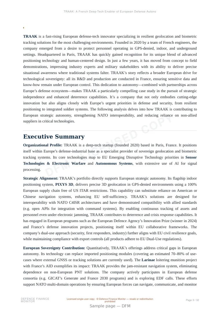 Sample page from “TRAAK: A French Deep-Tech Enabler of European Defense Autonomy” — 33-page report