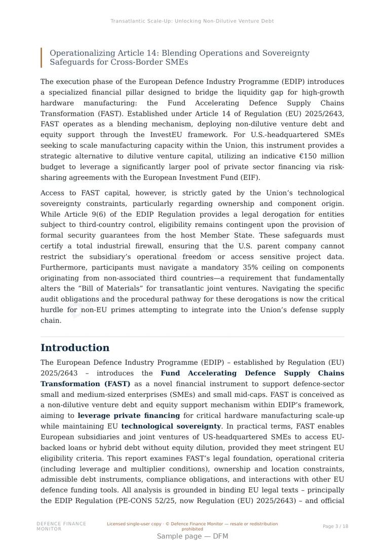 Sample page from “Transatlantic Scale-Up: Unlocking Non-Dilutive Venture Debt via the EDIP FAST Fund” — 19-page report