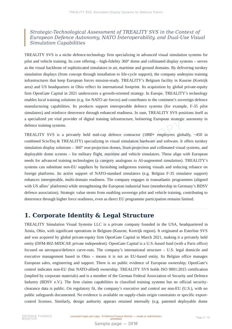 Sample page from “TREALITY SVS: Simulation Display Systems for Defence Training Infrastructures” — 13-page report