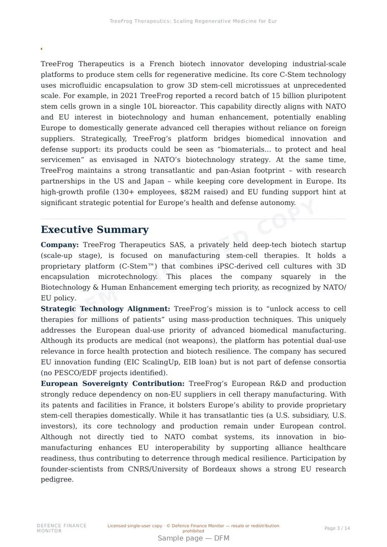 Sample page from “TreeFrog Therapeutics: Scaling Regenerative Medicine for European Strategic Autonomy” — 15-page report