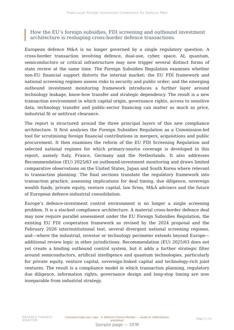 Sample page from “Triple-Layer Foreign Investment Compliance for Defence M&A” — 15-page report