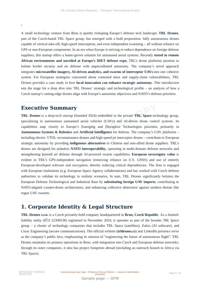 Sample page from “TRL Drones — Czech Republic unmanned aerial systems company” — 34-page report