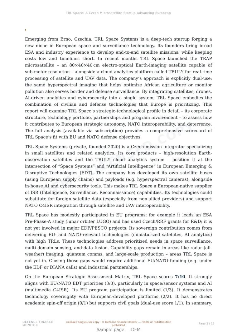 Sample page from “TRL Space: A Czech Microsatellite Startup Advancing European Surveillance Autonomy” — 16-page report