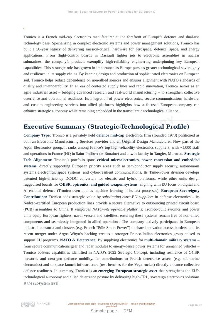 Sample page from “Tronico: Securing Sovereign Power Electronics for European Defence Resilience” — 38-page report
