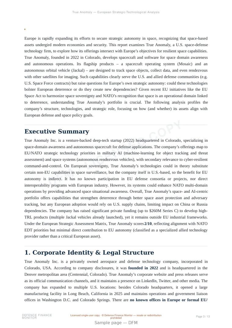 Sample page from “True Anomaly — United States space domain awareness company” — 14-page report
