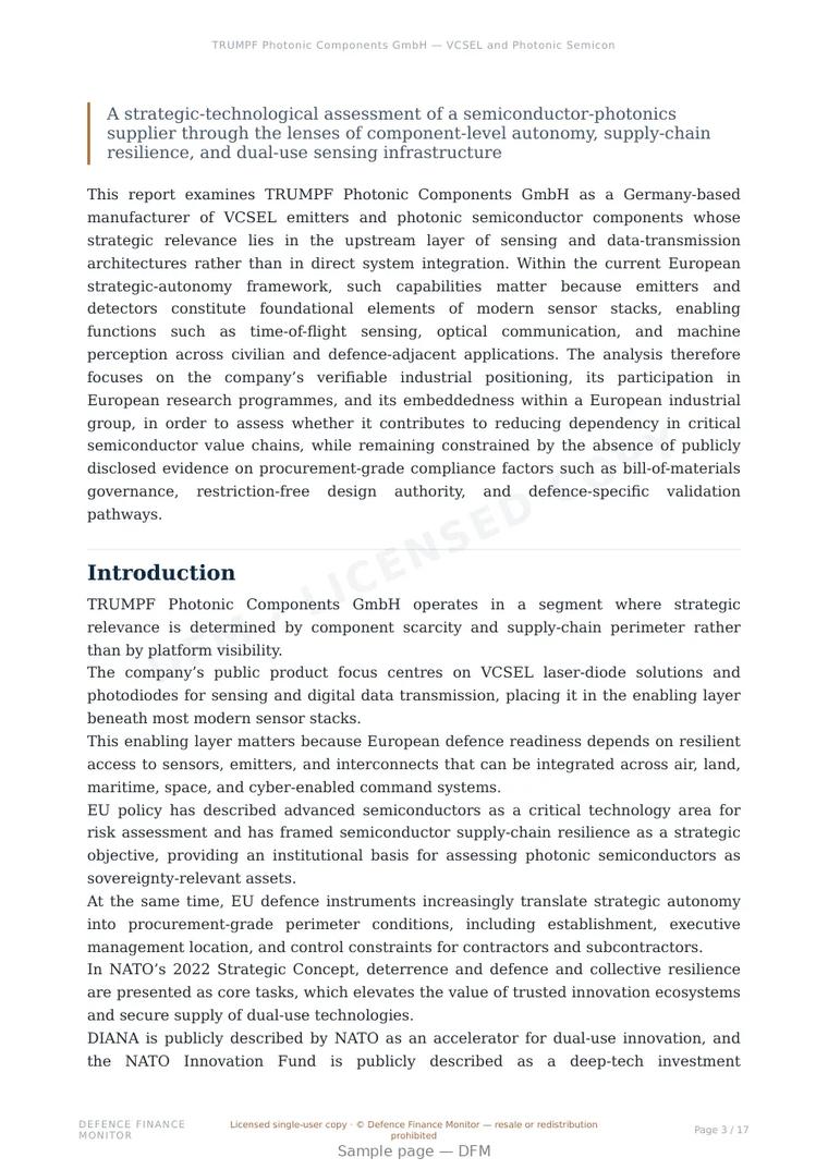 Sample page from “TRUMPF Photonic Components GmbH — VCSEL and Photonic Semiconductor Components for European Sensor Sovereignty” — 18-page report