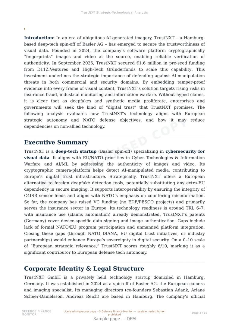 Sample page from “TrustNXT — Germany cryptography company” — 16-page report