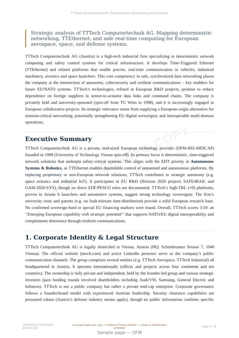 Sample page from “TTTech Computertechnik: Deterministic Networking and European Strategic Autonomy” — 12-page report