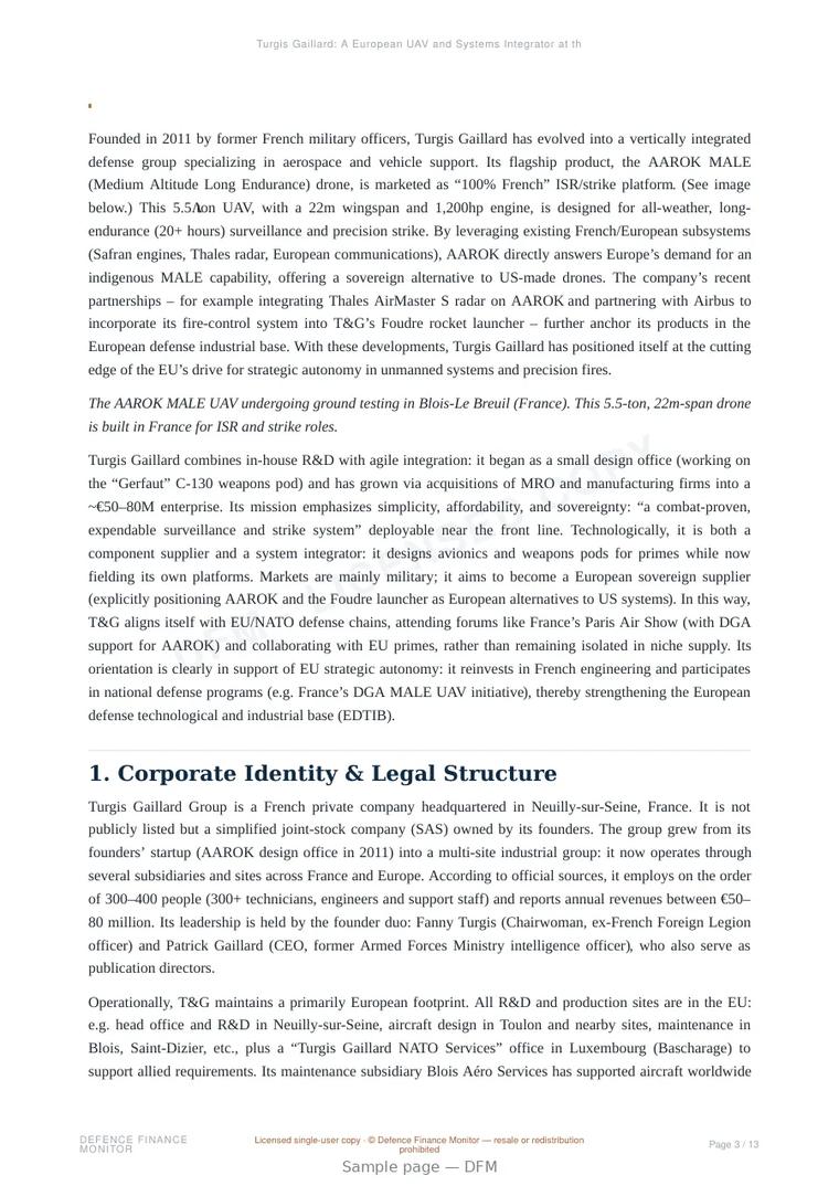 Sample page from “Turgis Gaillard: A European UAV and Systems Integrator at the Forefront of Strategic Autonomy” — 14-page report