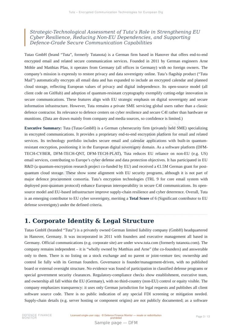 Sample page from “Tuta – Encrypted Communication Technologies for European Digital Sovereignty” — 14-page report