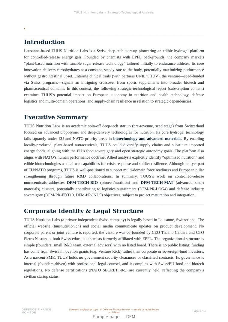 Sample page from “TUUS Nutrition Labs — biotechnology company” — 11-page report