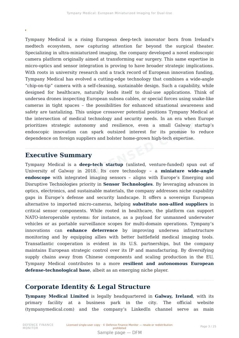 Sample page from “Tympany Medical: European Miniaturized Imaging for Dual-Use and Defense Applications” — 26-page report
