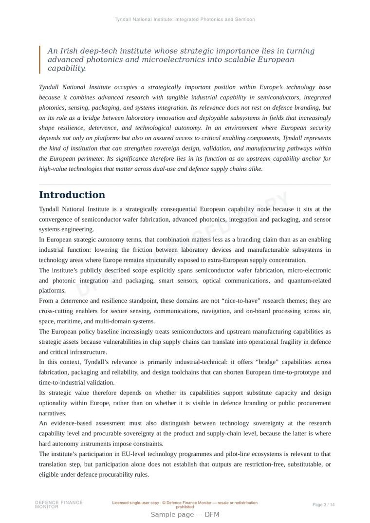 Sample page from “Tyndall National Institute: Integrated Photonics and Semiconductor Capability at the Interface of European Sovereignty and Defence-Grade Industrial Translation” — 15-page report