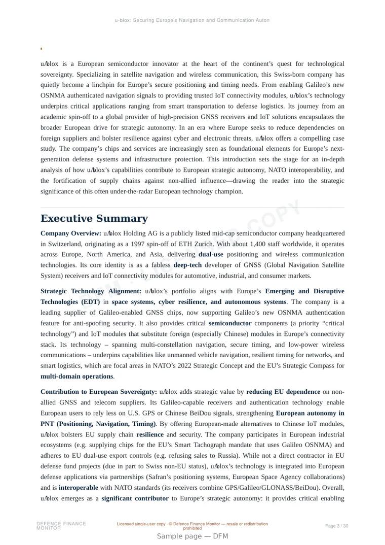 Sample page from “u-blox: Securing Europe’s Navigation and Communication Autonomy” — 31-page report