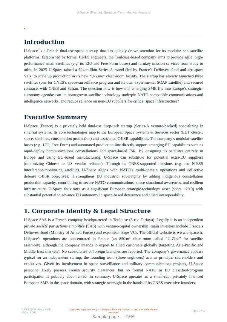 Sample page from “U-Space — France space company” — 11-page report