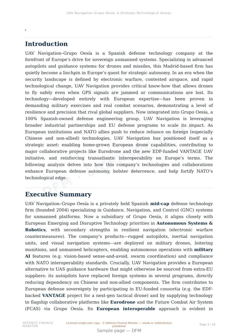 Sample page from “UAV Navigation–Grupo Oesía — Spain defence company” — 29-page report