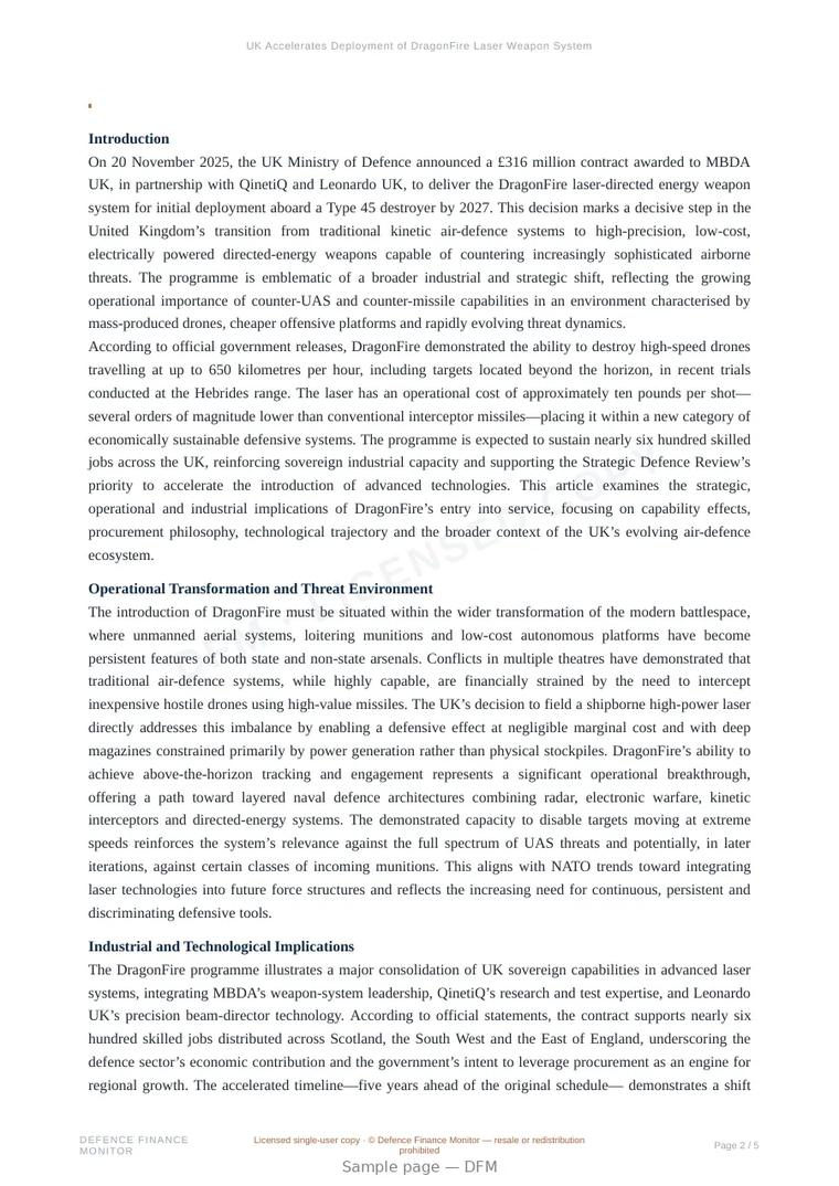 Sample page from “UK Accelerates Deployment of DragonFire Laser Weapon System” — 6-page report