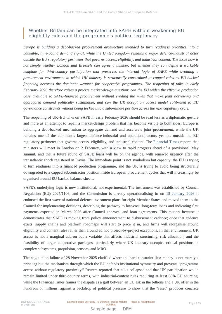 Sample page from “UK–EU Talks on SAFE and the Future Shape of European Defence Procurement” — 6-page report