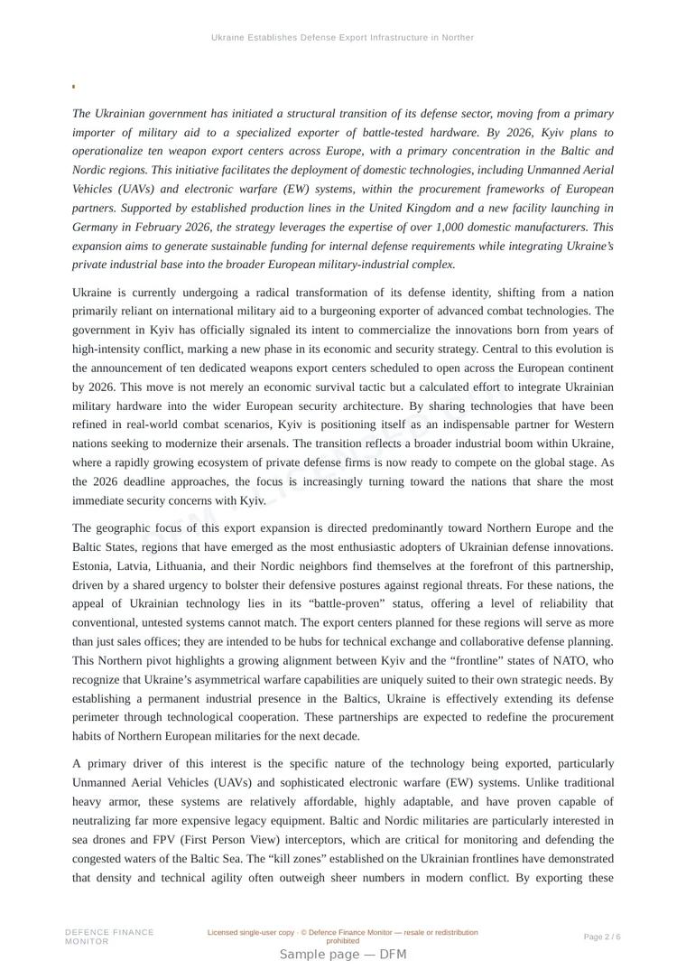 Sample page from “Ukraine Establishes Defense Export Infrastructure in Northern Europe and the Baltic States” — 7-page report