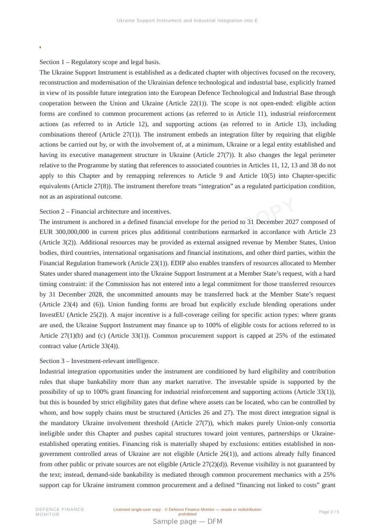 Sample page from “Ukraine Support Instrument and Industrial Integration into European Defence Supply Chains” — 6-page report