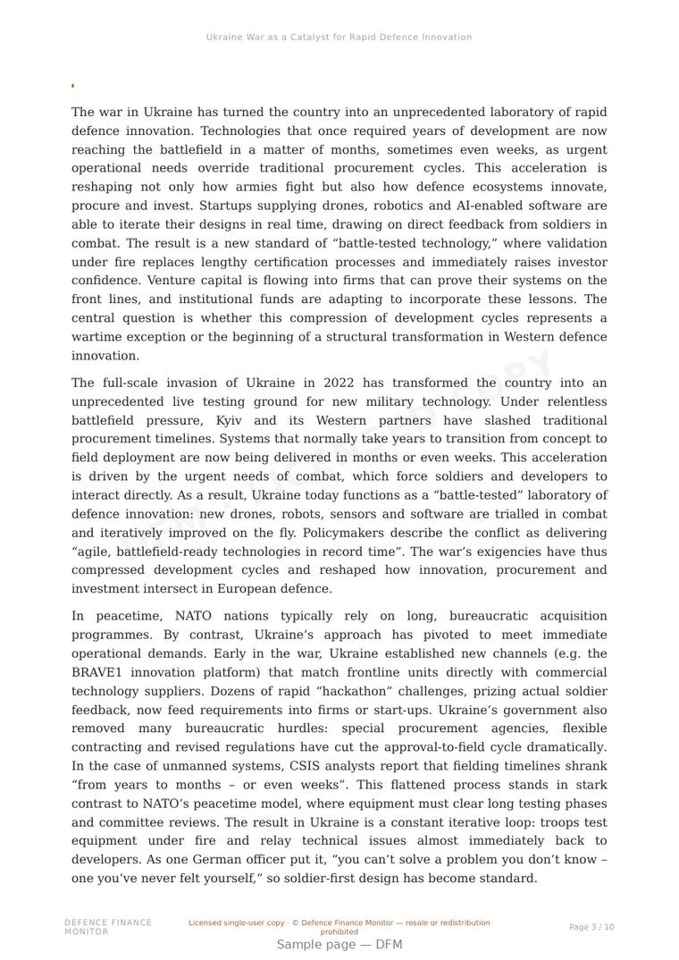 Sample page from “Ukraine War as a Catalyst for Rapid Defence Innovation” — 11-page report
