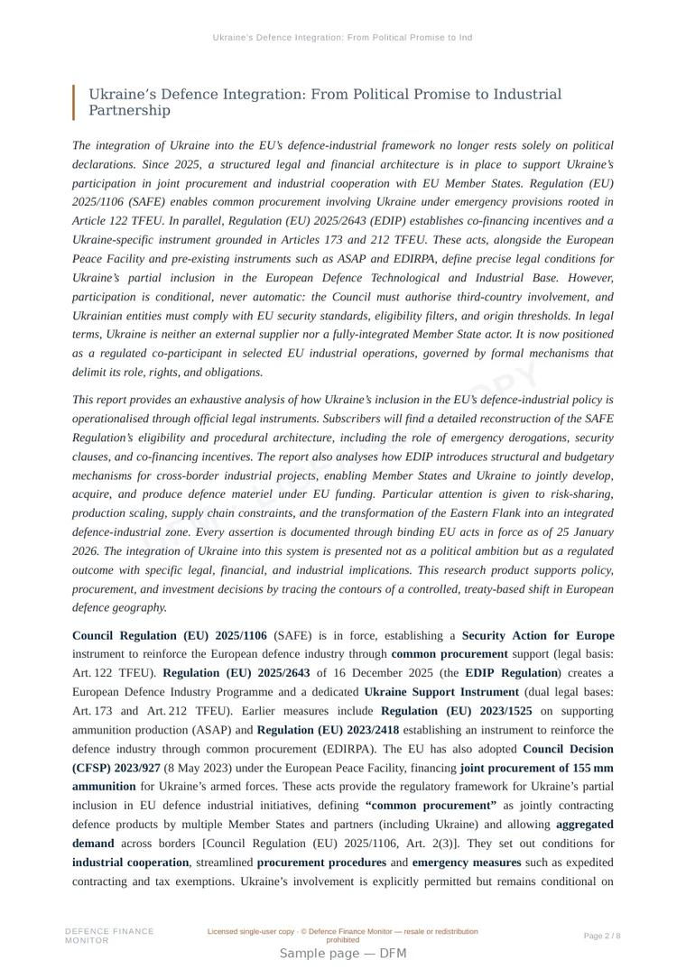 Sample page from “Ukraine’s Defence Integration: From Political Promise to Industrial Partnership” — 9-page report