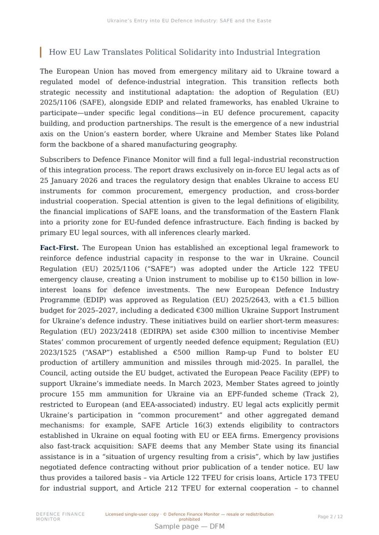 Sample page from “Ukraine’s Entry into EU Defence Industry: SAFE and the Eastern Flank” — 13-page report