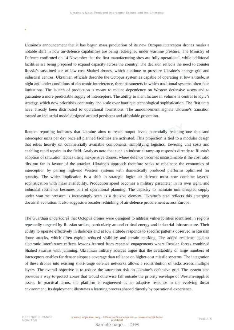 Sample page from “Ukraine’s Mass-Produced Interceptor Drones and the Emerging Model of Scalable Air Defence” — 6-page report