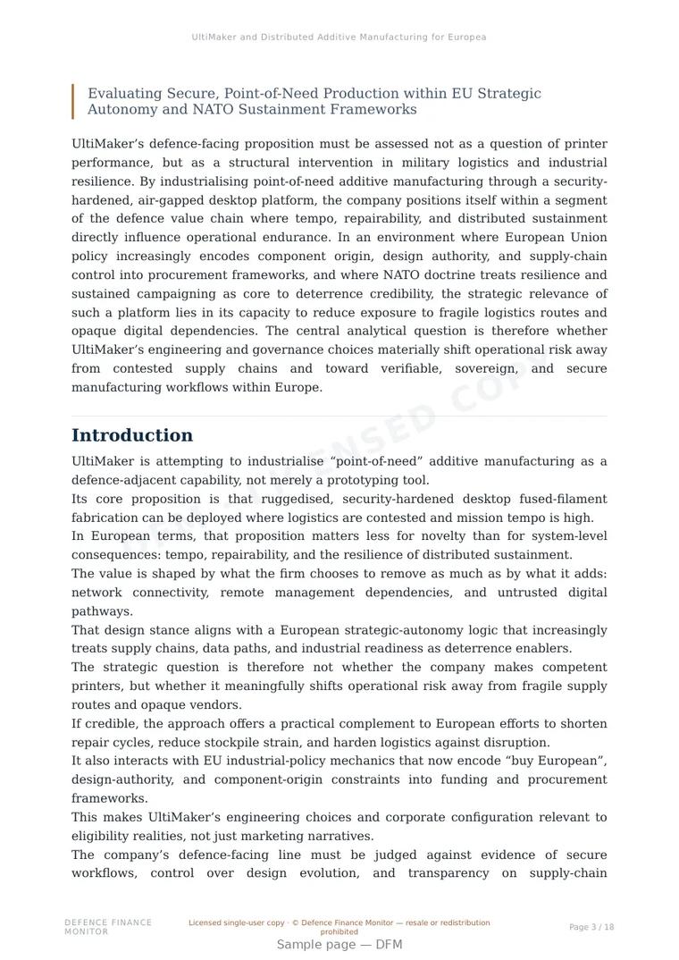 Sample page from “UltiMaker and Distributed Additive Manufacturing for European Defence Resilience” — 19-page report