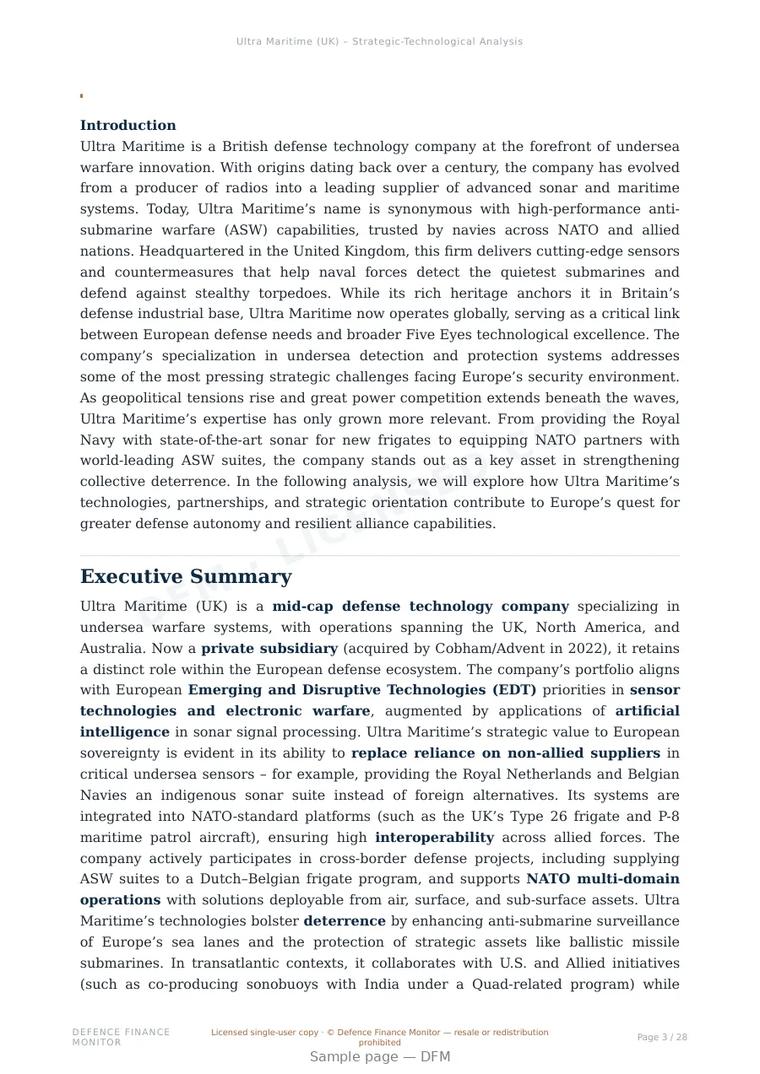 Sample page from “Ultra Maritime — United Kingdom sonar systems company” — 29-page report