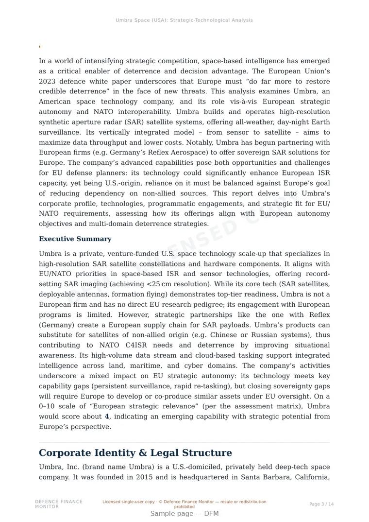 Sample page from “Umbra — United States space-based isr company” — 15-page report