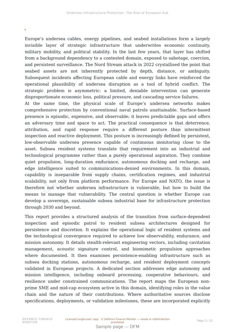 Sample page from “Undersea Infrastructure Protection: The Rise of European Subsea Resident Systems and Edge-AI (2025-2030)” — 23-page report
