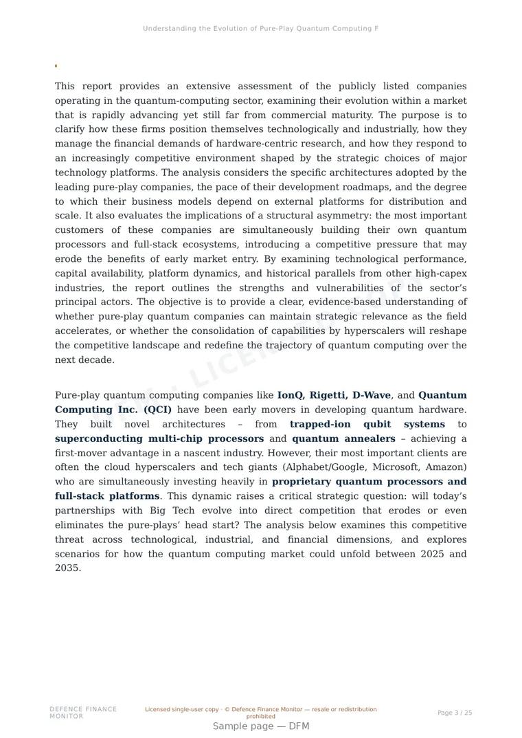 Sample page from “Understanding the Evolution of Pure-Play Quantum Computing Firms” — 26-page report